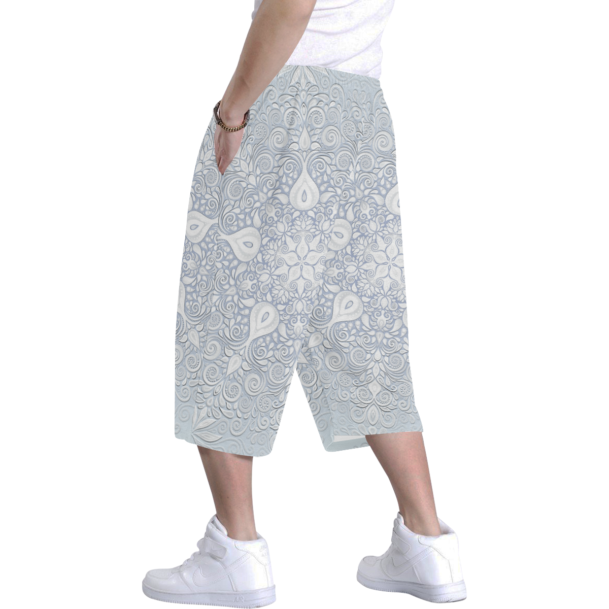 White and Blue Watercolor Mandala Pattern Men's All Over Print Baggy Shorts (Model L37)
