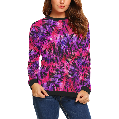 Pink and Purple Batik Tie Dye All Over Print Crewneck Sweatshirt for Women (Model H18)