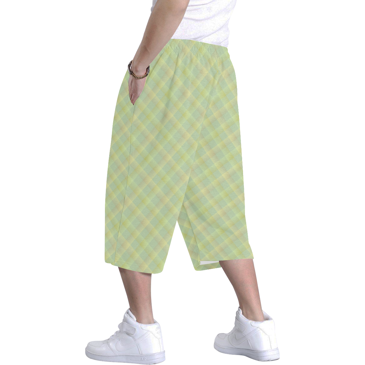 Pastel Lime Orange Crisscross Stripes Men's All Over Print Baggy Shorts (Model L37)
