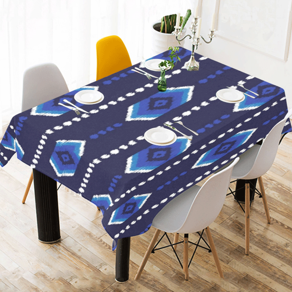 Aztec - Blue Cotton Linen Tablecloth 52"x 70"