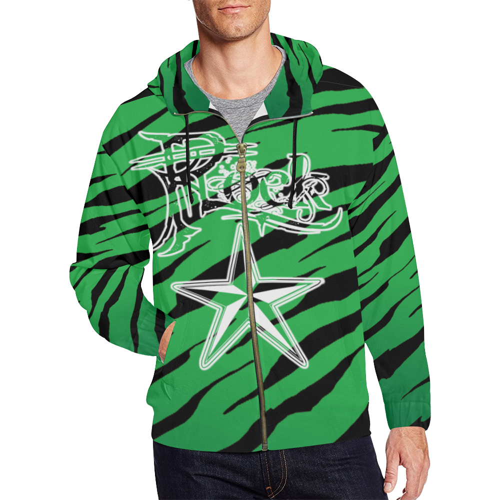 Green Tiger Stripe Rock Star Hoodie All Over Print Full Zip Hoodie for Men (Model H14)
