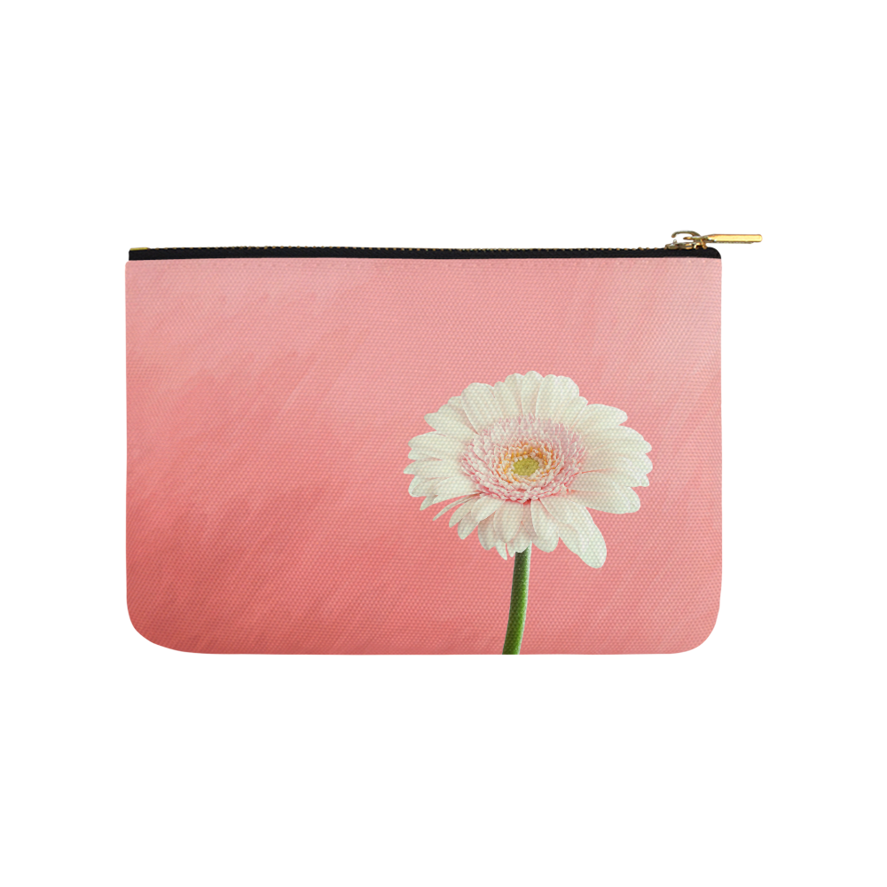 Gerbera Daisy - White Flower on Coral Pink Carry-All Pouch 9.5''x6''