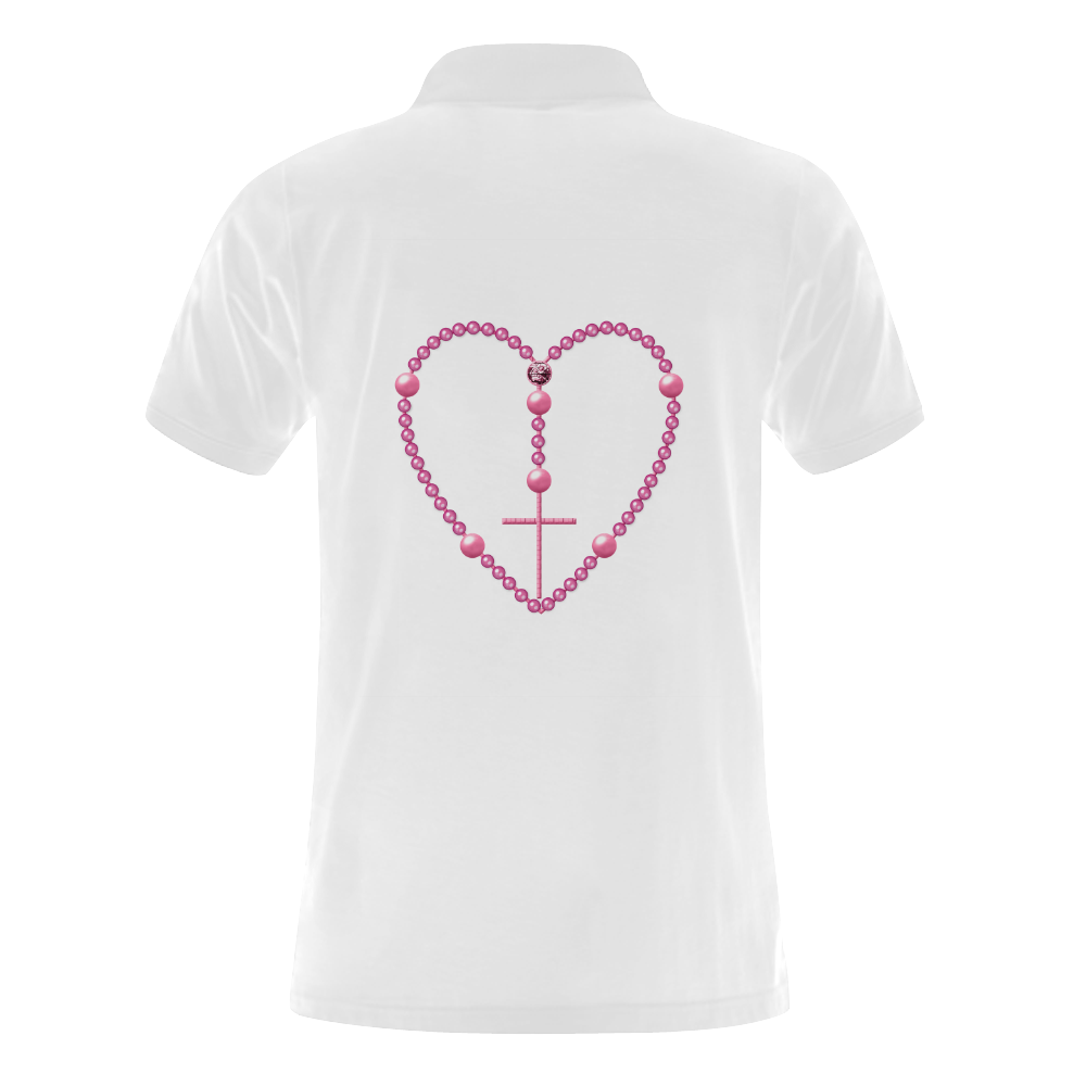 Catholic: Heart-Shaped Rosary - Pink Pearl Beads Men's Polo Shirt (Model T24)