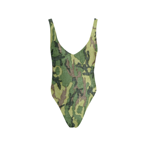 Military Camo Green Woodland Camouflage Sexy Low Back One-Piece Swimsuit (Model S09)