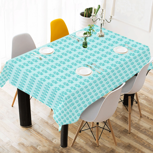 Aqua Paw Print Modern Cotton Linen Tablecloth 52"x 70"