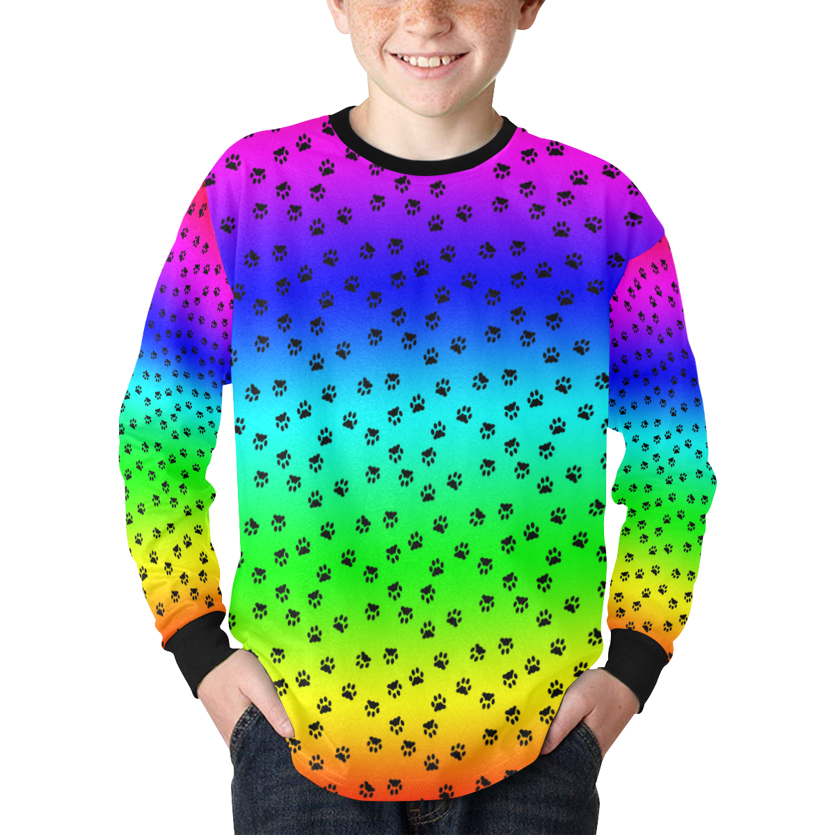 rainbow with black paws Kids' Rib Cuff Long Sleeve T-shirt (Model T64)