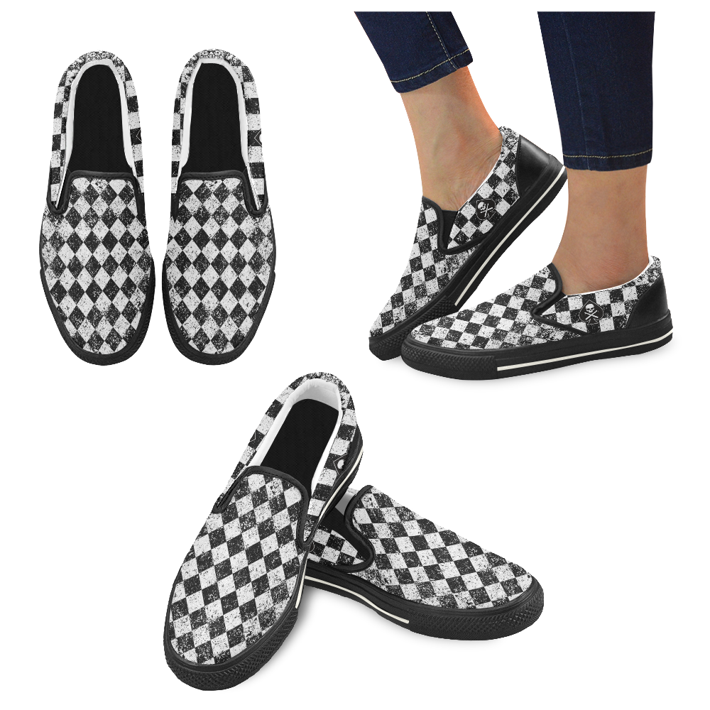 LADIES_CHECK_WHITE_BLK Women's Unusual Slip-on Canvas Shoes (Model 019)