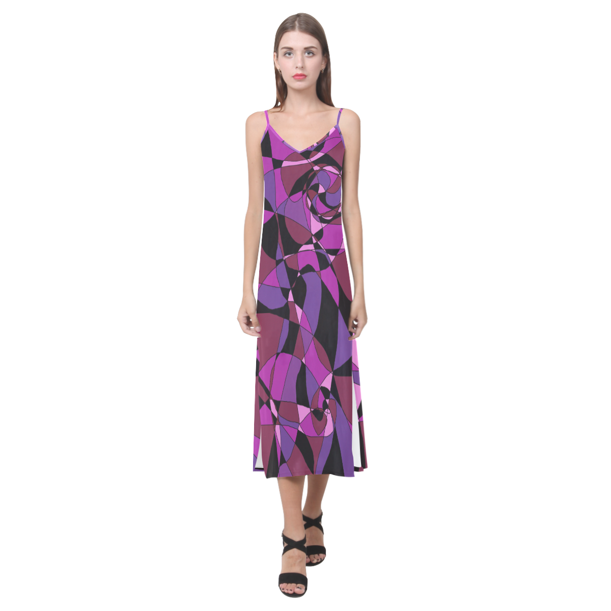Abstract Design #6 V-Neck Open Fork Long Dress(Model D18)