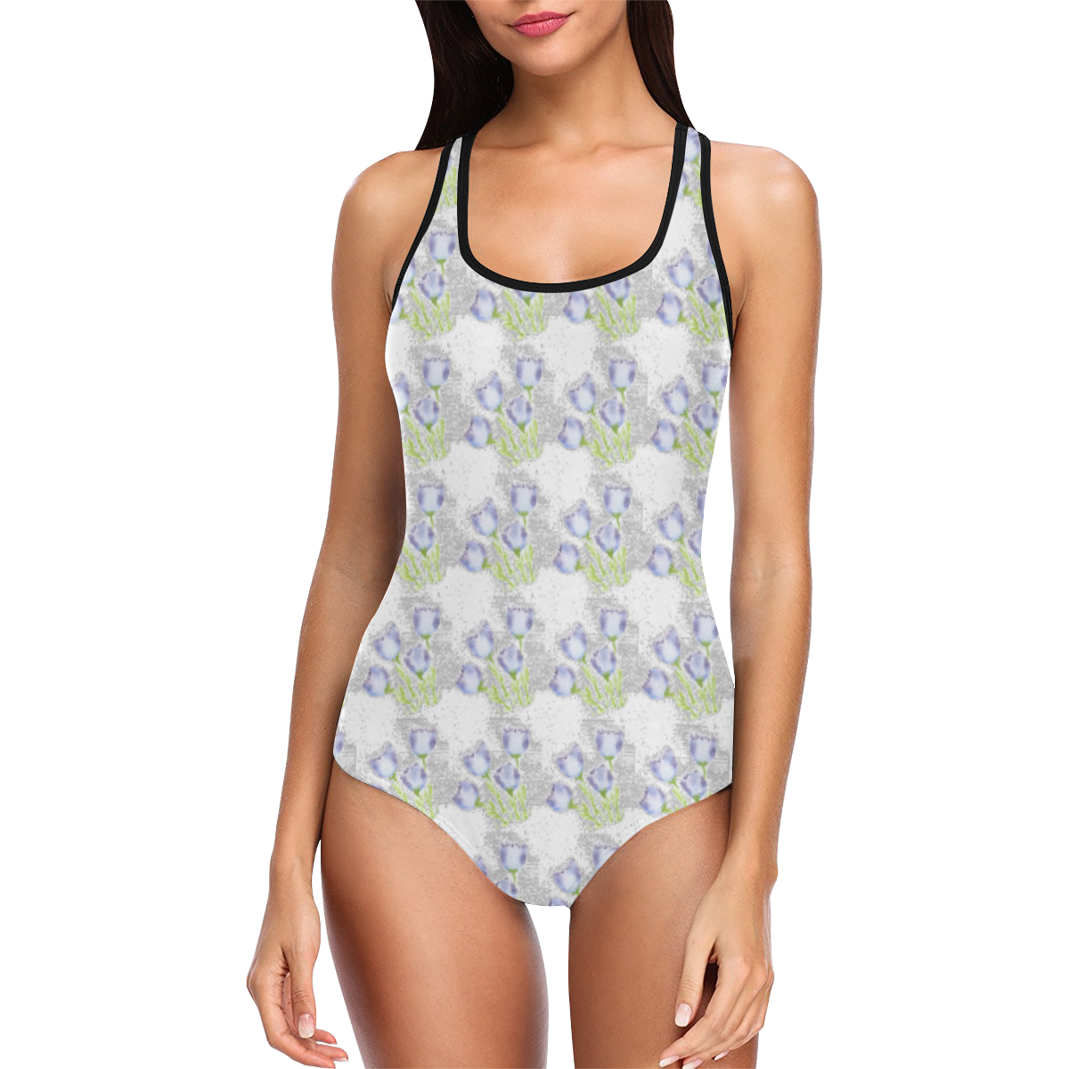 White Swimming Costume with Lilac Coloured Blooms Vest One Piece Swimsuit (Model S04)