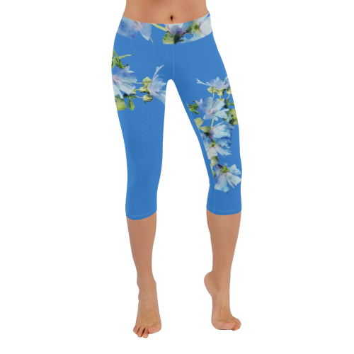 Fairlings Delight's Flowering Blues Bouquets 53086D1 Women's Low Rise Capri Leggings (Invisible Stitch) (Model L08)