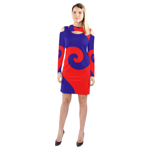 Red and Blue Curlicue Swirls Cold Shoulder Long Sleeve Dress (Model D37)