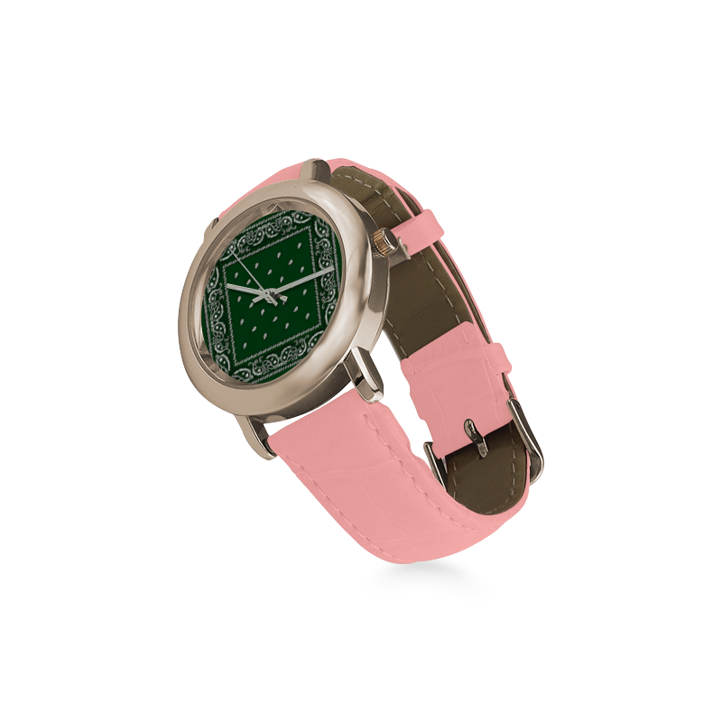 KERCHIEF PATTERN GREEN Women's Rose Gold Leather Strap Watch(Model 201)