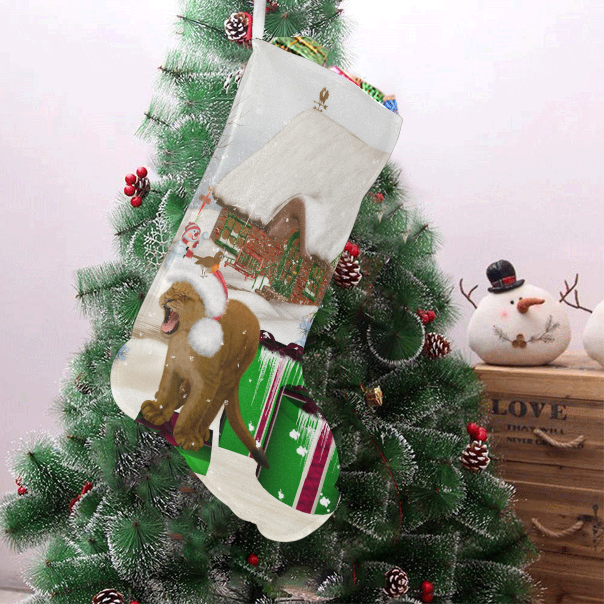 Christmas cute little lion with christmas hat Christmas Stocking (Without Folded Top)