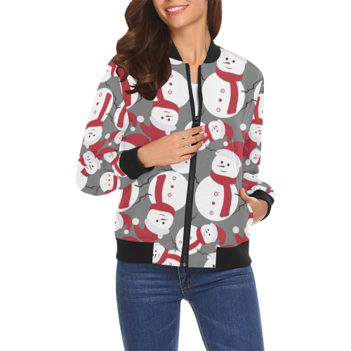 Snowman CHRISTMAS Pattern SILVER GREY All Over Print Bomber Jacket for Women (Model H19)