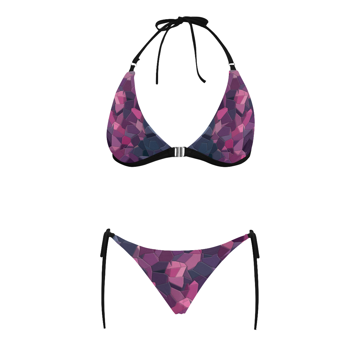purple pink magenta mosaic #purple Buckle Front Halter Bikini Swimsuit (Model S08)