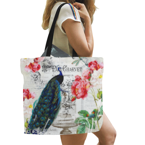 peacock and roses All Over Print Canvas Tote Bag/Large (Model 1699)