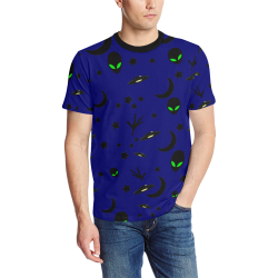 Alien Flying Saucers Stars Pattern Blue Men's All Over Print T-Shirt (Solid Color Neck) (Model T63)