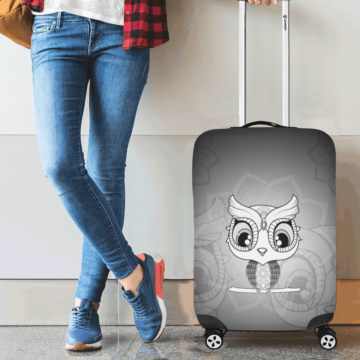 Cute owl, mandala design black and white Luggage Cover/Small 18"-21"
