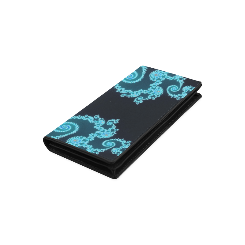 Sky Blue and Black Hearts Lace Fractal Abstract Women's Leather Wallet (Model 1611)
