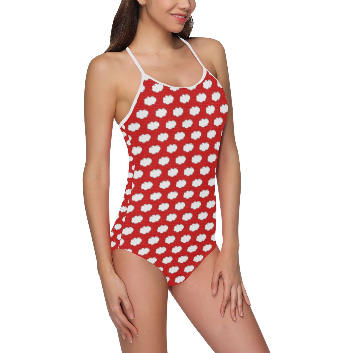Clouds with Polka Dots on Red Strap Swimsuit ( Model S05)