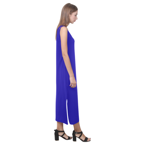 Blue and Stripes Mixed Print Phaedra Sleeveless Open Fork Long Dress (Model D08)