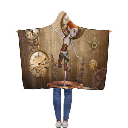 Steampunk girl, clocks and gears Flannel Hooded Blanket 40''x50''