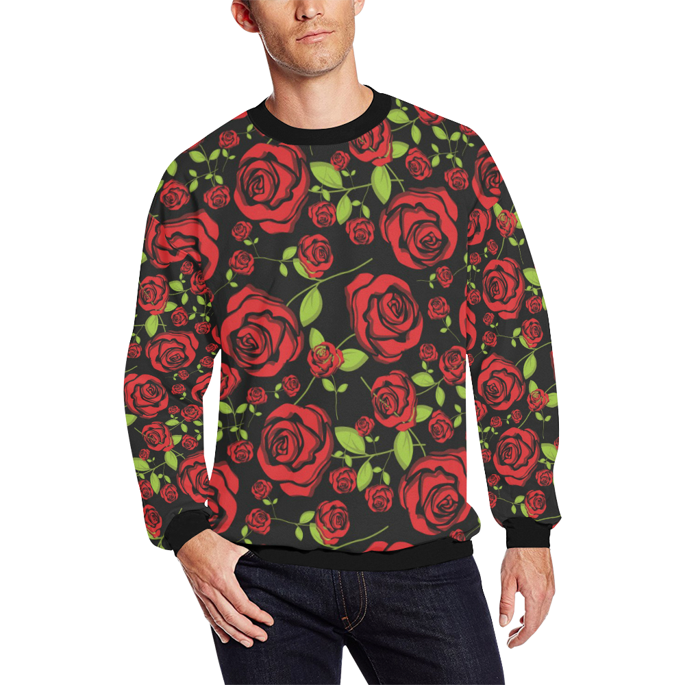 Red Roses on Black All Over Print Crewneck Sweatshirt for Men (Model H18)