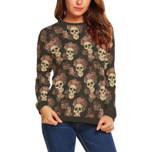 Skull and Rose Pattern All Over Print Crewneck Sweatshirt for Women (Model H18)
