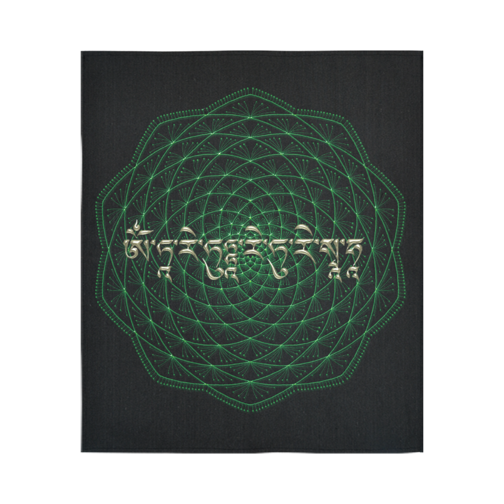 GreenTara Mantra with Mandala Cotton Linen Wall Tapestry 51"x 60"