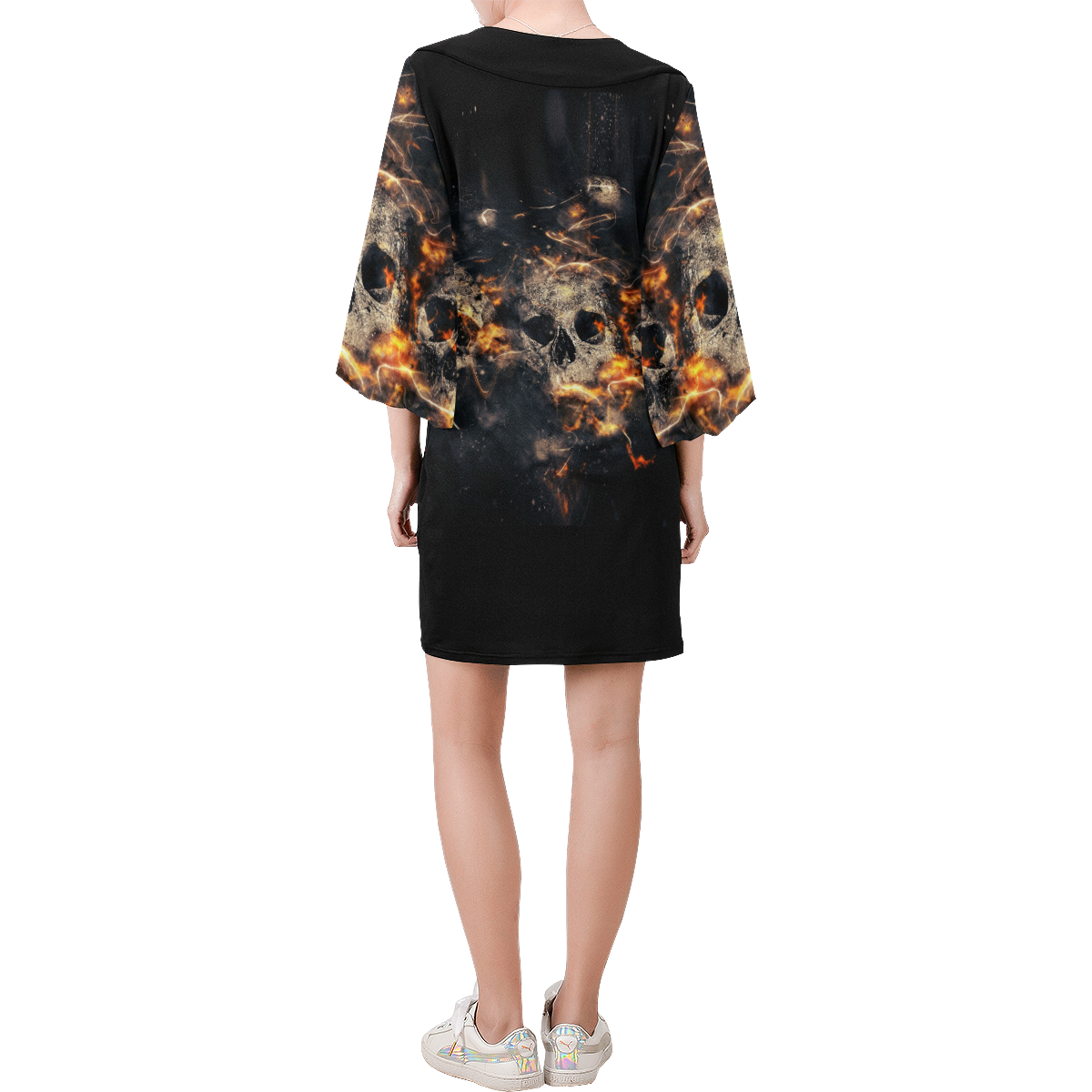 Flaming Skulls Bell Sleeve Dress Bell Sleeve Dress (Model D52)