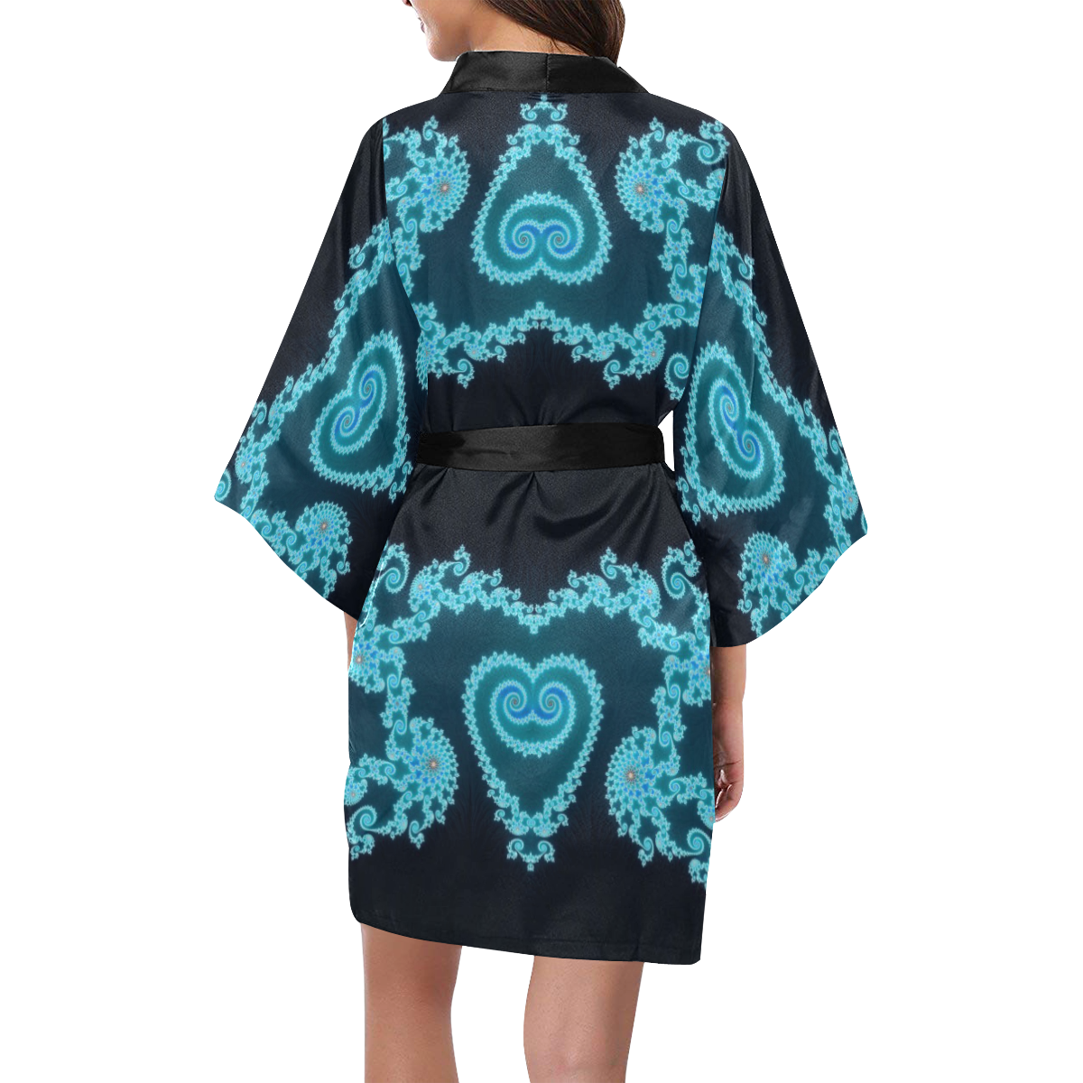 Sky Blue and Black Hearts Lace Fractal Abstract Kimono Robe