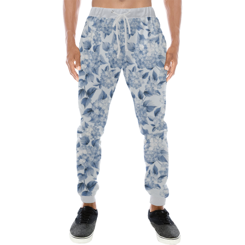 Blue and White Floral Pattern Men's All Over Print Sweatpants (Model L11)