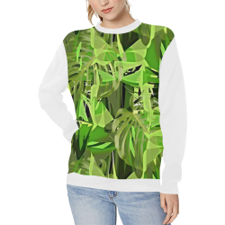Tropical Jungle Leaves Camouflage - Vest Style White Women's Rib Cuff Crew Neck Sweatshirt (Model H34)
