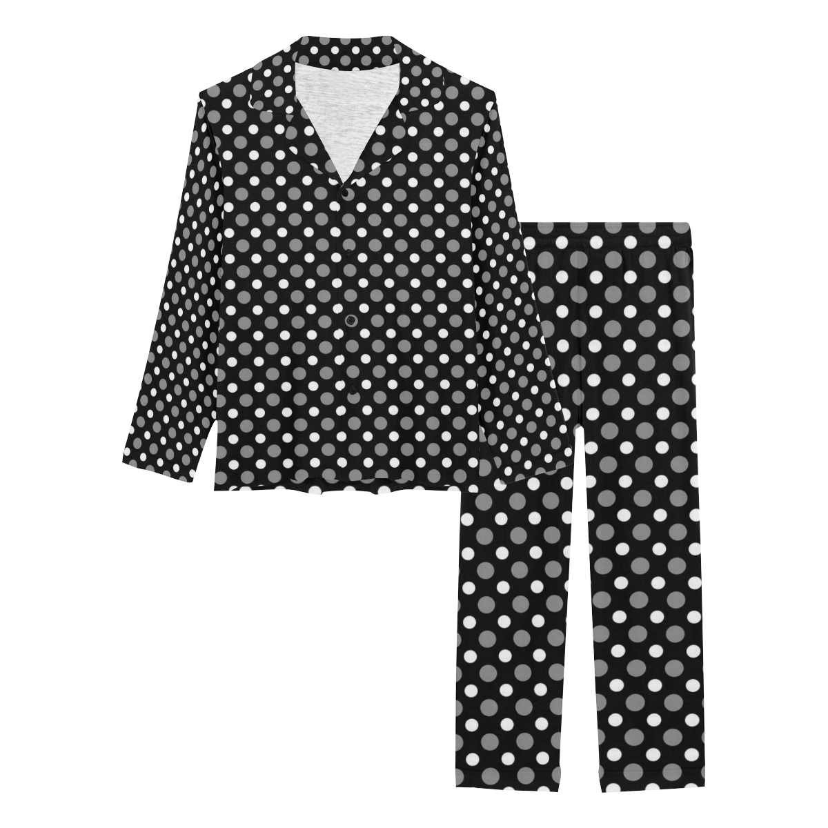 black gray white polka dots Women's Long Pajama Set