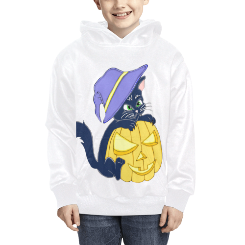 Cute Halloween Black Cat Witches Hat White Kids' All Over Print Hoodie (Model H38)