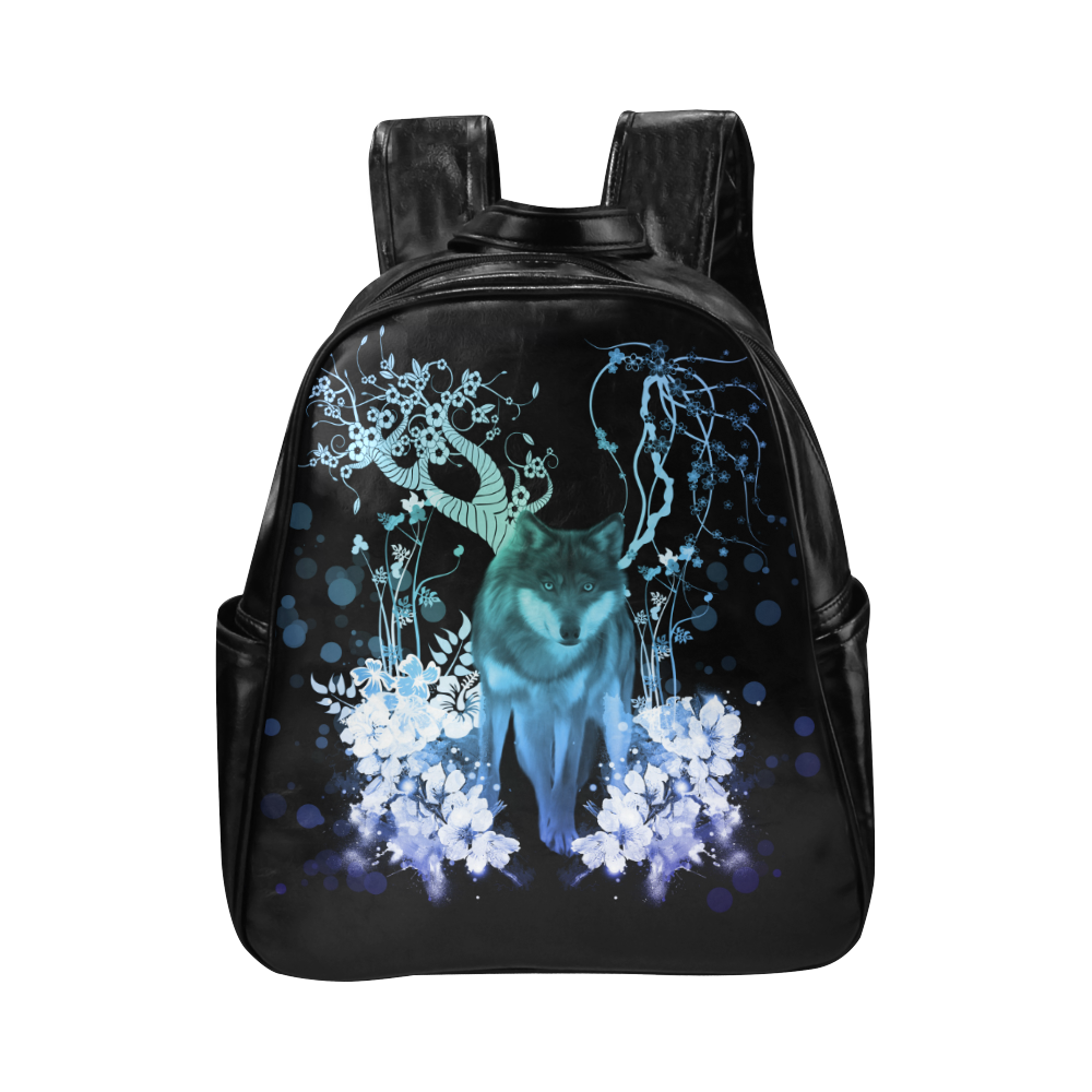 Awesome wolf with flowers Multi-Pockets Backpack (Model 1636)