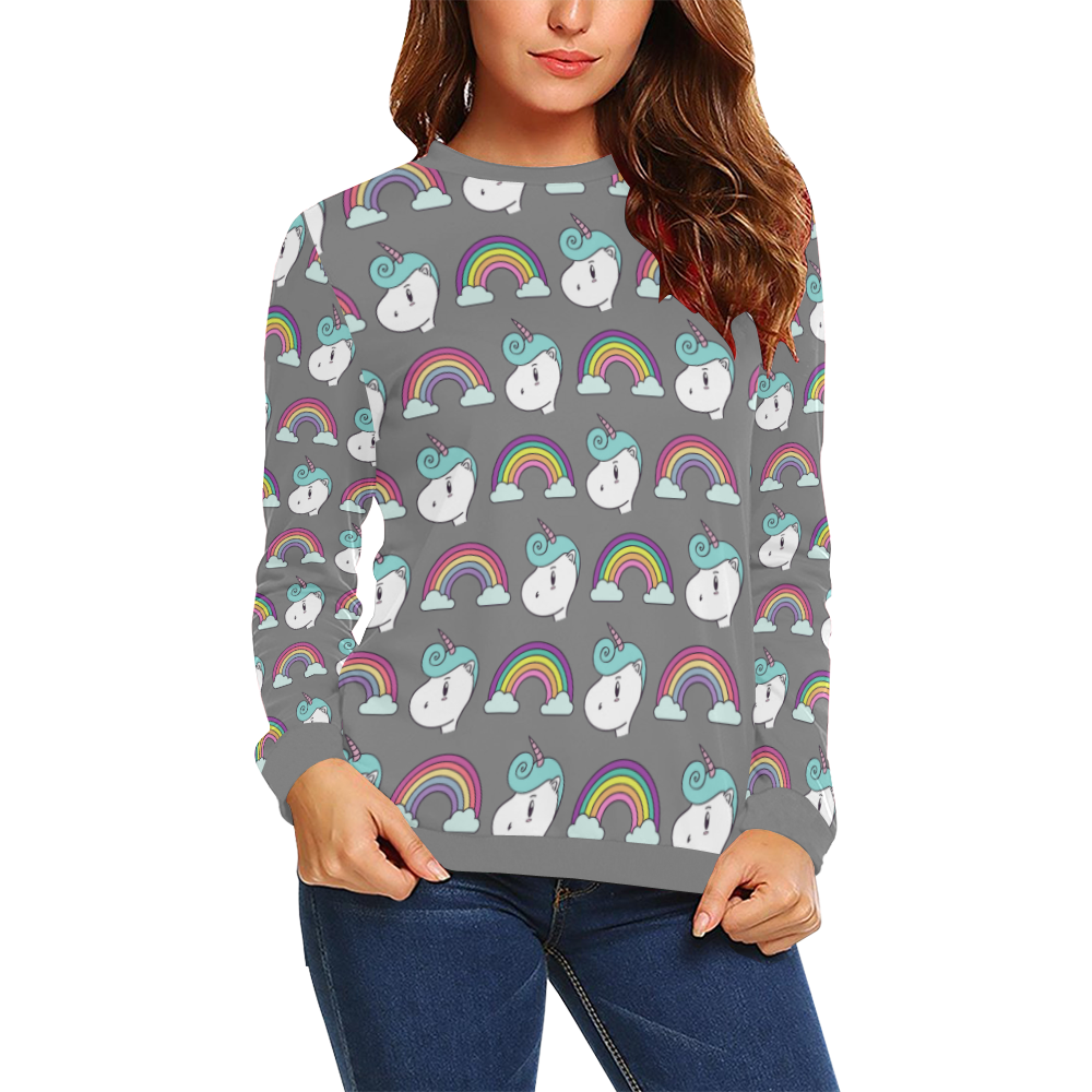 Unicorn Dark Grey All Over Print Crewneck Sweatshirt for Women (Model H18)