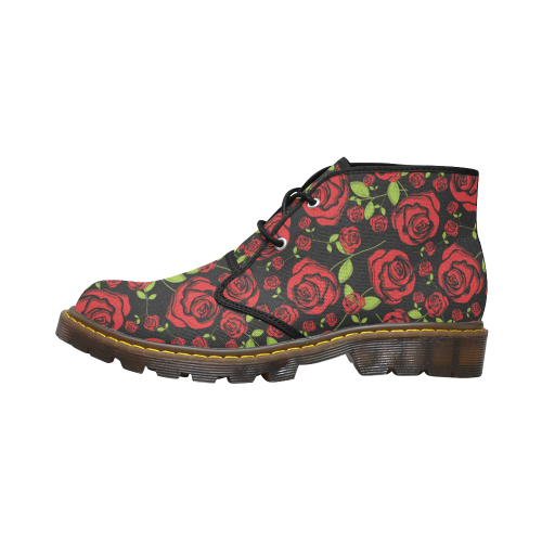 Red Roses on Black Women's Canvas Chukka Boots/Large Size (Model 2402-1)