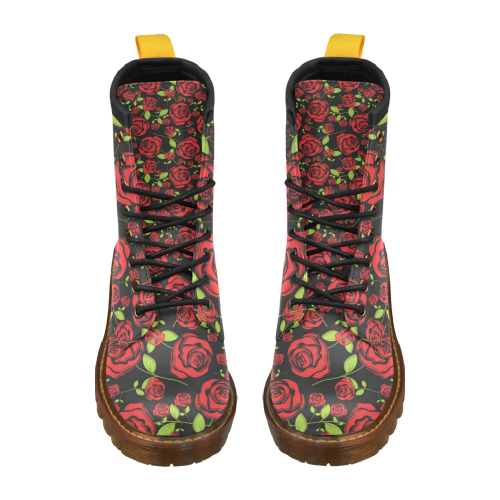 Red Roses on Black High Grade PU Leather Martin Boots For Women Model 402H