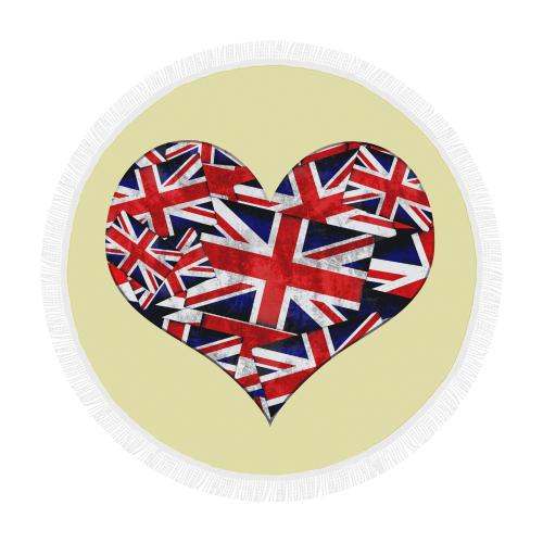 Union Jack British UK Flag Heart Yellow Circular Beach Shawl 59"x 59"
