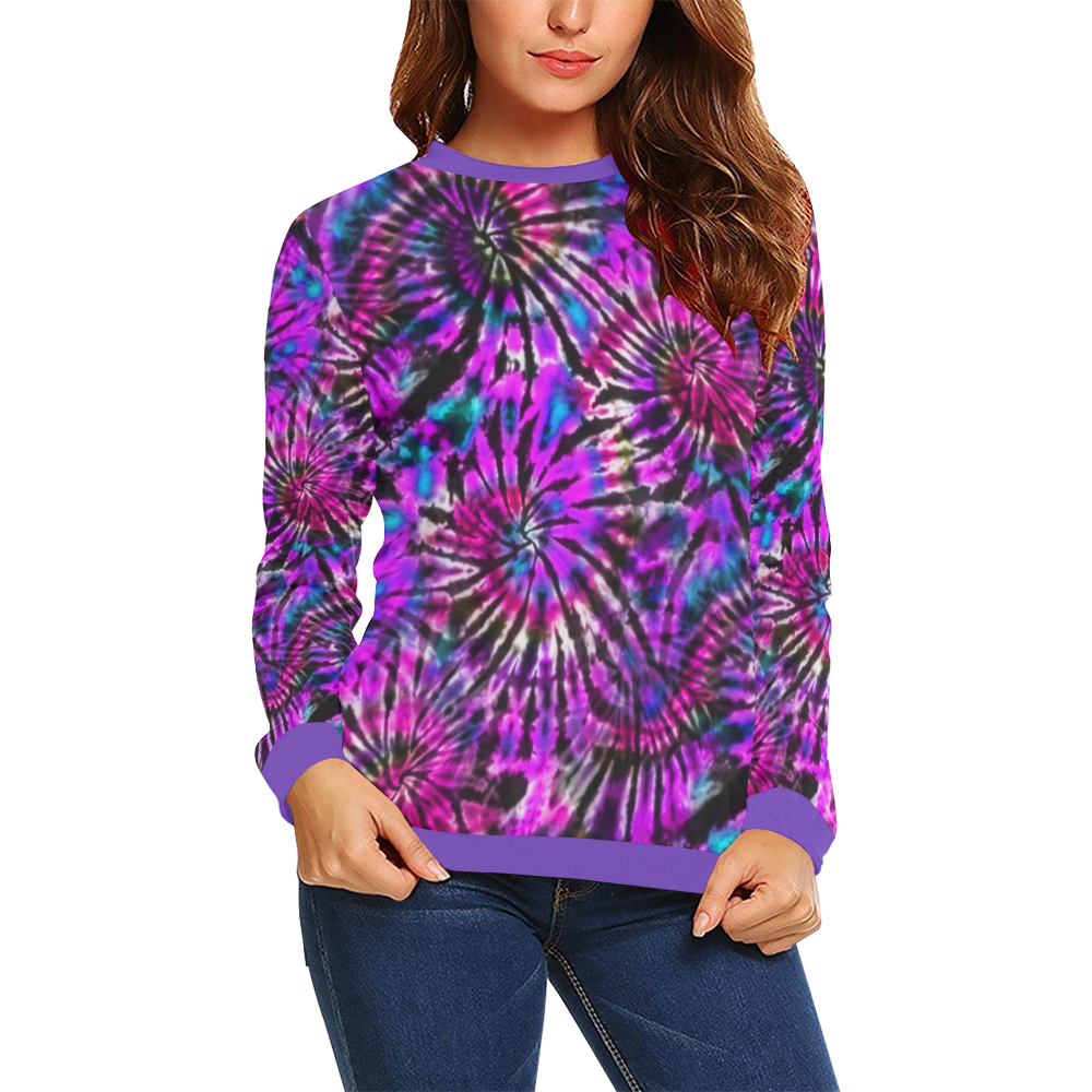 Purple Tie Dye Madness All Over Print Crewneck Sweatshirt for Women (Model H18)