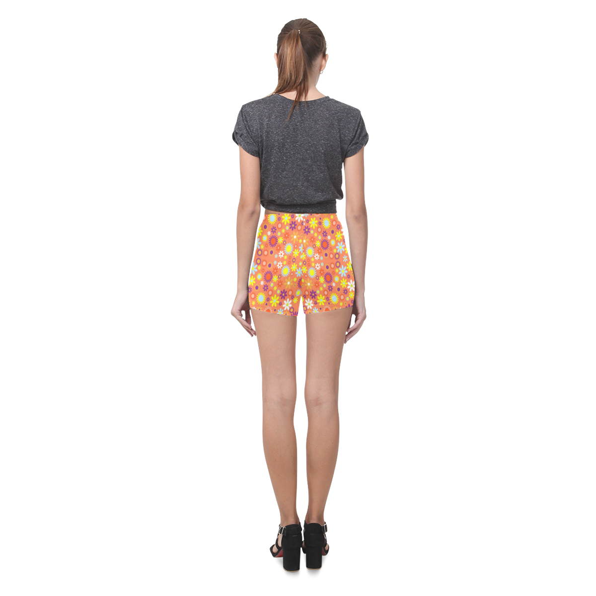 Groovy Floral Pattern on Coral Background Briseis Skinny Shorts (Model L04)