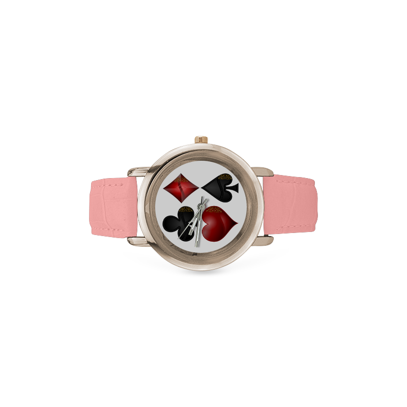 Las Vegas Black and Red Casino Poker Card Shapes Women's Rose Gold Leather Strap Watch(Model 201)