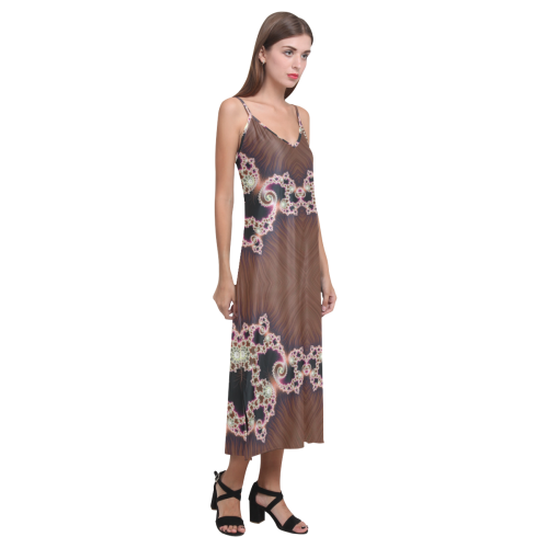 Copper and Pink Hearts Lace Fractal Abstract V-Neck Open Fork Long Dress(Model D18)