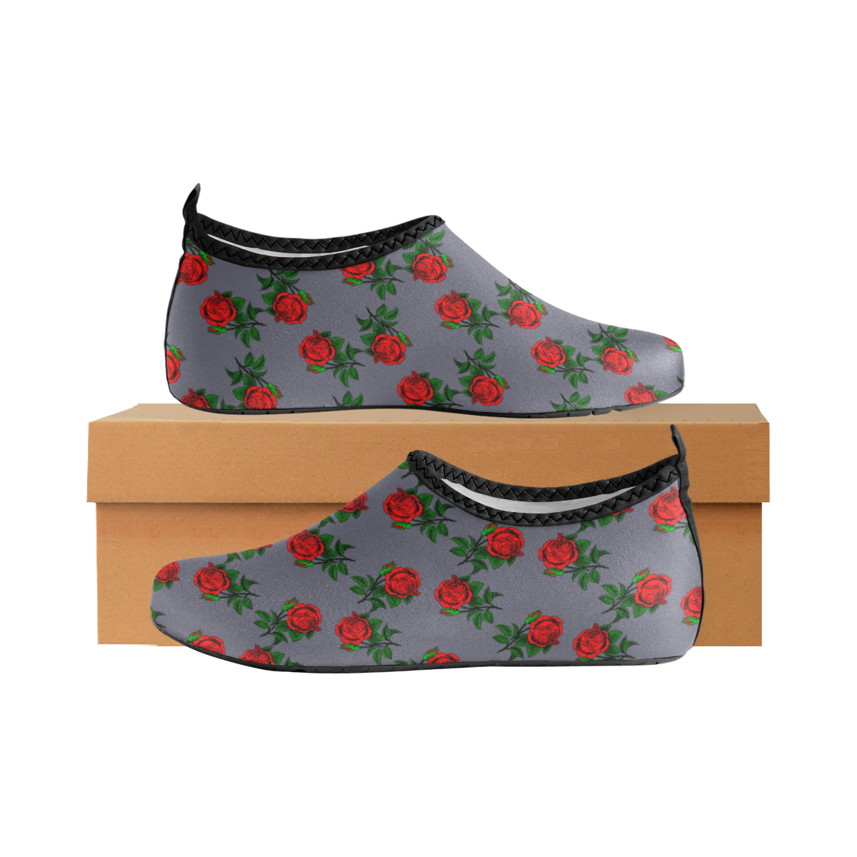 red roses grey Women's Slip-On Water Shoes (Model 056)
