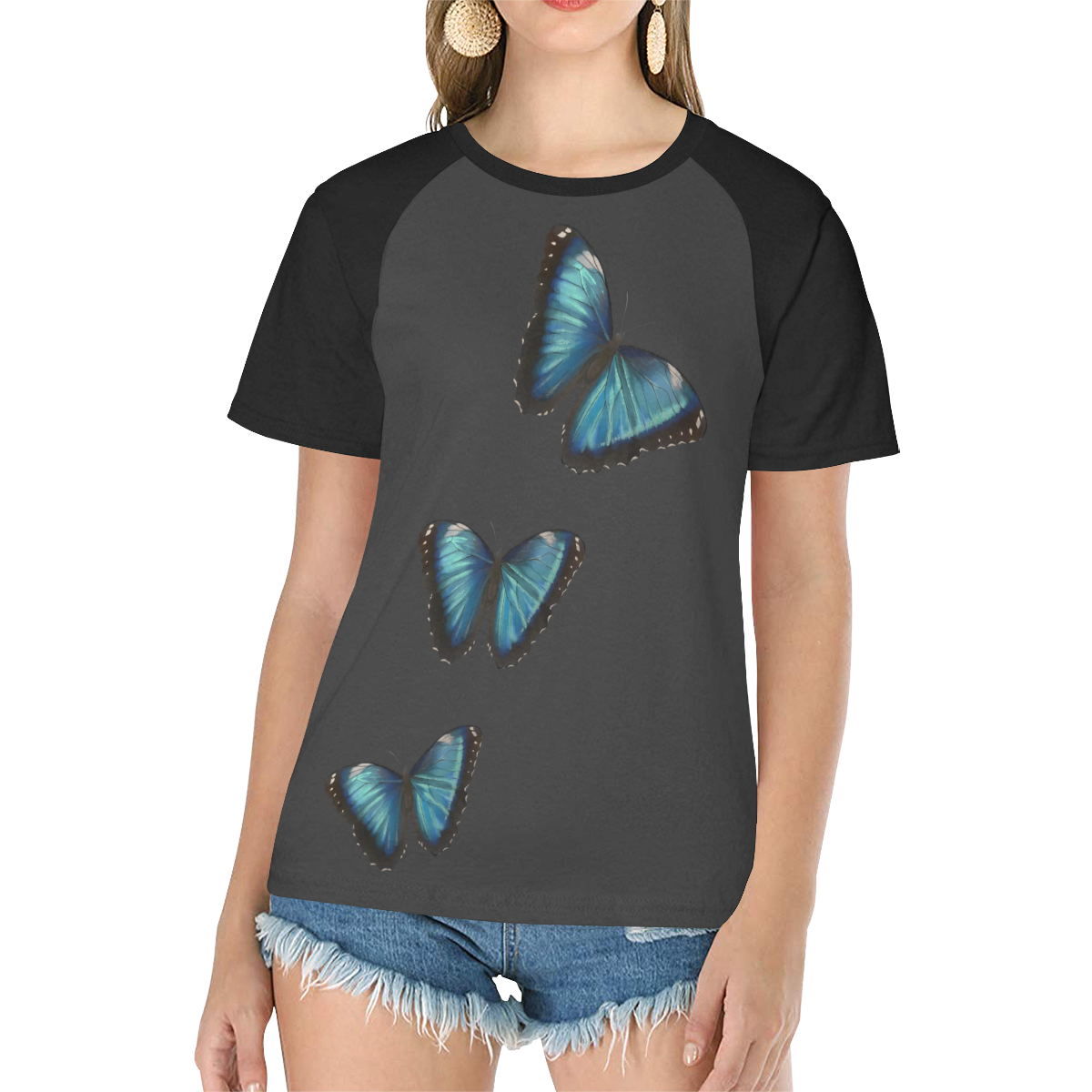 Morpho hyacintus butterflies painting Women's Raglan T-Shirt/Front Printing (Model T62)