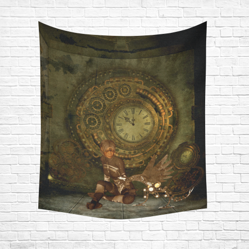 Steampunk, women with steampunk dragon Cotton Linen Wall Tapestry 51"x 60"