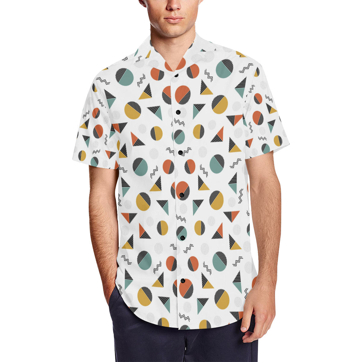 Geo Cutting Shapes Men's Short Sleeve Shirt with Lapel Collar (Model T54)