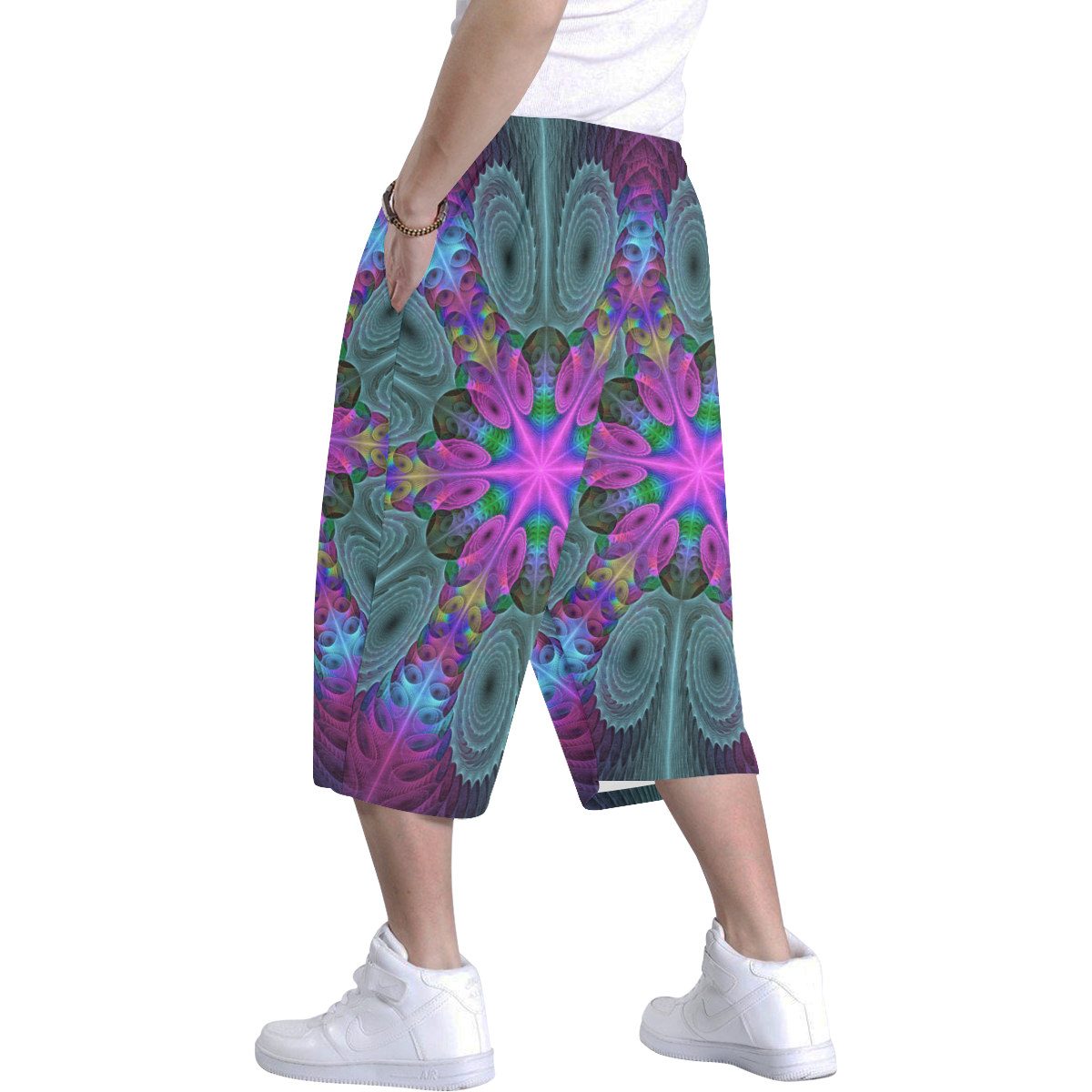 Mandala From Center Colorful Spiritual Fractal Art With Pink Men's All Over Print Baggy Shorts (Model L37)