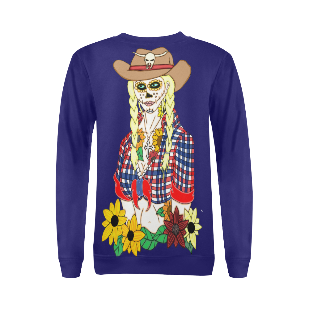 Cowgirl Sugar Skull Navy Blue All Over Print Crewneck Sweatshirt for Women (Model H18)